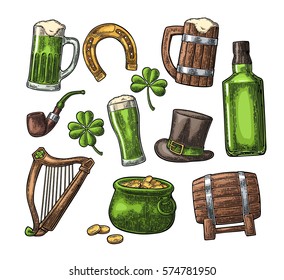 Saint Patrick s Day. Top gentleman hat, Pot of gold coins, whiskey, smoking pipe, beer glass, lyre, horseshoe, clover, barrel. Vector vintage color engraved illustration. Isolated on white background.