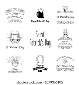 Saint Patrick s Day traditional symbols set. Irish music, flags, beer mugs, clover, pub decoration, rainbow, leprechaun hat, pot of gold coins. Vector illustration isolated on white background
