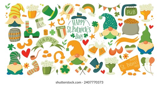 Saint Patrick s Day traditional symbols collection. Irish flags, beer mugs, clover, rainbow, leprechaun hat, pot of gold coins. Vector illustration isolated on white background