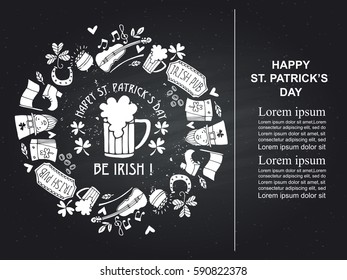 Saint Patrick s Day traditional symbols collection. Irish music, flags, beer mugs, clover, pub decoration, rainbow, leprechaun hat, pot of gold coins. Invitation or greeting card.