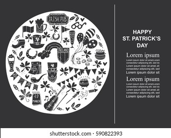 Saint Patrick s Day traditional symbols collection. Irish music, flags, beer mugs, clover, pub decoration, rainbow, leprechaun hat, pot of gold coins. Invitation or greeting card.