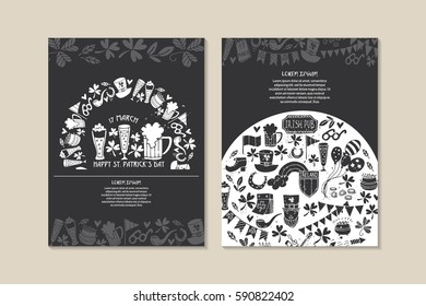Saint Patrick s Day traditional symbols collection. Irish music, flags, beer mugs, clover, pub decoration, rainbow, leprechaun hat, pot of gold coins. Invitation or greeting card.