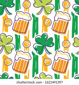 Saint Patrick seamless pattern with coins, beer and clover illustration