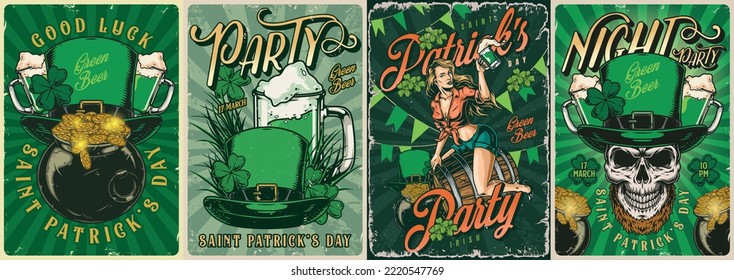 Saint Patrick preparó folletos coloridos invitaciones de fiesta vintage con cerveza verde pétalo yarrow y sombreros tradicionales irlandeses ilustración vectorial