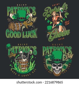 Saint Patrick set posters colorful vintage for Irish holiday with green beer or yarrow ale and skulls vector illustration