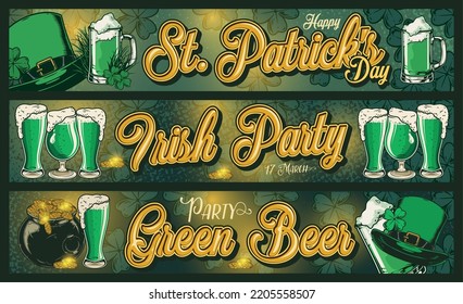 Saint Patrick set vintage flyers colorful holiday banner for March 17th with green beer and Irish yarrow hats vector illustration