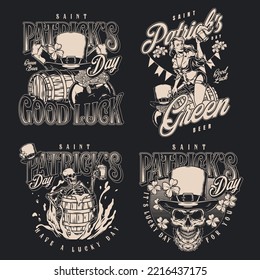 San Patricio monocromo de volantes de época con barriles de cerveza hechos de pétalos de flecha y ilustración vectorial de mujer o esqueletos
