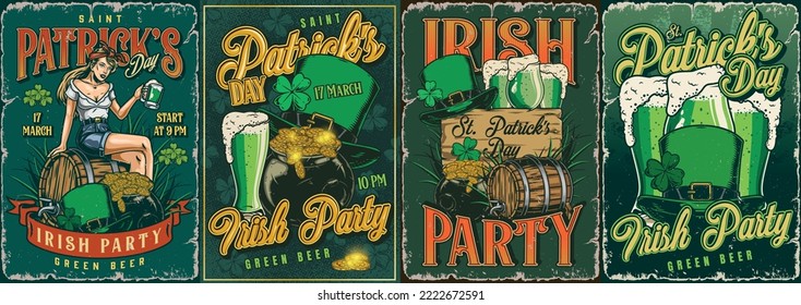 Saint Patrick set vintage flyers colorful girl on barrel ale and green beer with yarrow for Irish party vector illustration