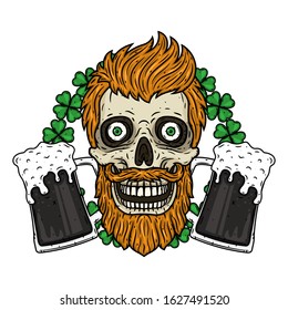 Saint Patrick skull with glass of beer and clover leaves. Skull. Irish skull. Saint Patricks Day illustration.