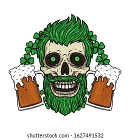 Saint Patrick skull with glass of beer and clover leaves. Skull. Irish skull. Saint Patricks Day illustration.