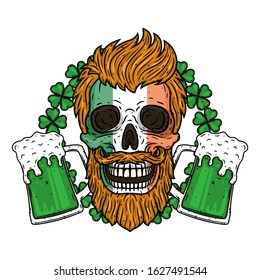 Saint Patrick skull with glass of beer and clover leaves. Skull. Irish skull. Saint Patricks Day illustration.