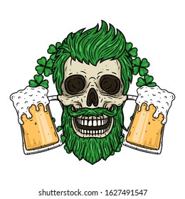 Saint Patrick skull with glass of beer and clover leaves. Skull. Irish skull. Saint Patricks Day illustration.