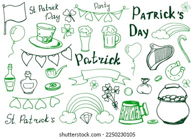 Saint Patrick. Spring. March 17. Spring holiday. Leprechaun. Hat. Gold. Clover. Four leaf clover. Luck. Doodle. Decor set. Clip art. Magic. Green. Hat. Kettle.