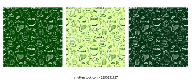 Saint Patrick. Spring. March 17. Spring holiday. Leprechaun. Hat. Gold. Clover. Four leaf clover. Luck. Doodle. Decor set. Pattern set. St. patrick seamless vector print.