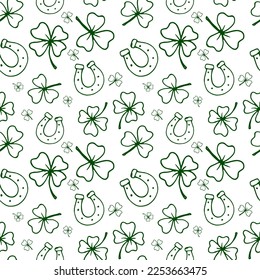 Saint Patrick. Spring. March 17. Spring holiday. Leprechaun. Hat. Gold. Clover. Four leaf clover. Luck. Doodle. Decor set. Pattern. St. patrick seamless vector print.