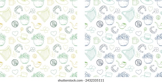 Saint Patrick. Spring. March 17. Spring holiday. Leprechaun. Hat. Gold. Clover. Four leaf clover. Luck. Doodle. Decor set. Pattern set. St. patrick seamless vector print.