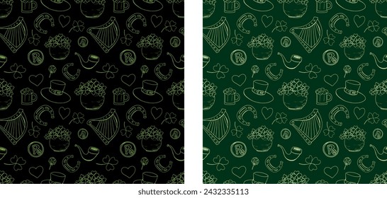 Saint Patrick. Spring. March 17. Spring holiday. Leprechaun. Hat. Gold. Clover. Four leaf clover. Luck. Doodle. Decor set. Pattern set. St. patrick seamless vector print.