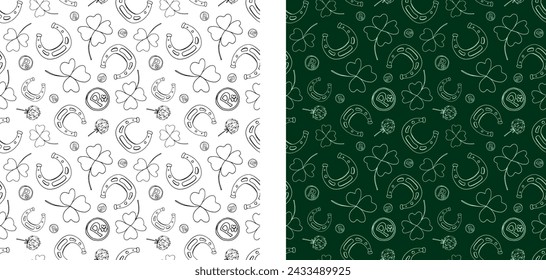 Saint Patrick. Spring. March 17. Spring holiday. Leprechaun. Hat. Gold. Clover. Four leaf clover. Luck. Doodle. Decor set. Pattern set. St. patrick seamless vector print.