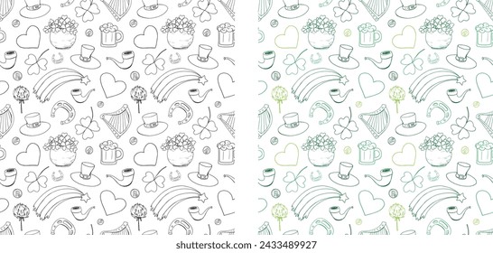 Saint Patrick. Spring. March 17. Spring holiday. Leprechaun. Hat. Gold. Clover. Four leaf clover. Luck. Doodle. Decor set. Pattern set. St. patrick seamless vector print.