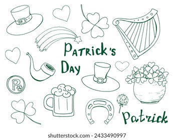 San Patricio. Primavera. 17 de marzo. Vacaciones de primavera. Duende. Sombrero. Oro. Trébol. Trébol de cuatro hojas. Suerte. Doodle. Juego de decoración. Conjunto de patrones. Impresión vectorial sin fisuras de St. Patrick.