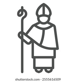 Saint Patrick and stick with staff line icon, greek roman man concept. Vector graphics. Man religion costume sign on white background, outline style icon for mobile or web design