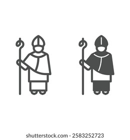 Saint Patrick and stick with staff line and solid icon, greek roman man concept. Vector graphics. Man religion costume sign on white background, outline style icon for mobile or web design