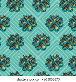 Saint Patrick Symbol. Four-leaf Clover Seamless Pattern Vector Illustration.