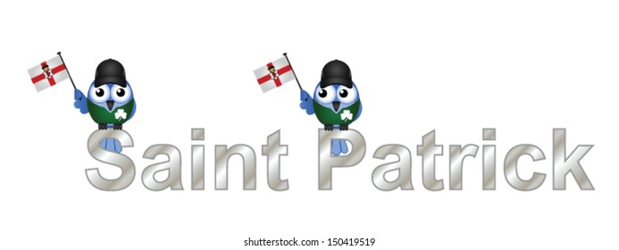 Saint Patrick text and patriotic bird waving flag isolated on white background