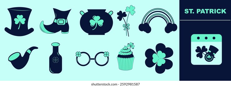 Saint Patrick themed icon set with leprechaun top hat, show, pot of gold, pipe, bottle, glasses, shamrock, rainbow and calendar.