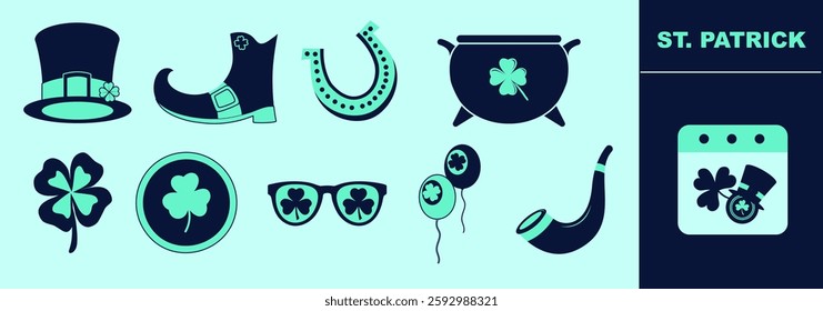 Saint Patrick themed icon set with leprechaun top hat, horseshoe, pot of gold, pipe, coin, glasses, shamrock, glasses, balloons and calendar.