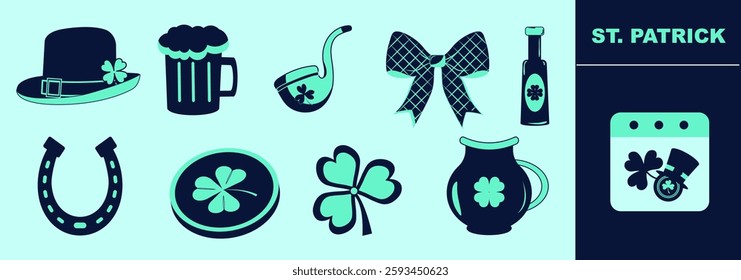 Saint Patrick themed icon set with leprechaun top hat, bow, horseshoe, beer, coin, pipe, lucky jug, shamrock, elixir bottle and calendar.