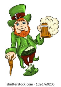 Saint Patrick vector Illustration for the St. Patrick's Day 2019. Cartoon leprechaun  character with irish beer.