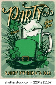 Saint Patrick Vintage Colorful Flyer With Mug Green Beer And Hat For Traditional Irish Party On March 17 Vector Illustration