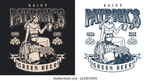 Saint Patrick vintage monochrome flyer Irish woman sits on barrel of yarrow beer and wishes good luck vector illustration