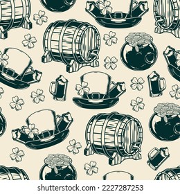 Saint Patrick vintage seamless pattern monochrome casks for green Irish beer or yarrow-leaf celebratory ale and gold coins vector illustration