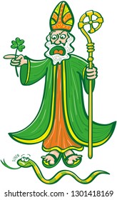 Saint Patrick wearing his ceremony garments while yelling at and chasing a snake. He holds a green clover while pointing to his right. The scared snake looks at St Patrick while looking for the exit 