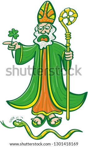 Saint Patrick wearing his ceremony garments while yelling at and chasing a snake. He holds a green clover while pointing to his right. The scared snake looks at St Patrick while looking for the exit 