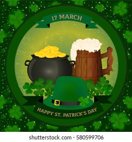 Saint Patrick's background - pot of gold, beer mug, green hat and clover.