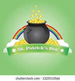 saint patrick's with bowl of coin and rainbow