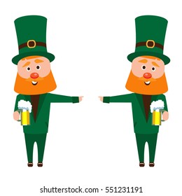 Saint Patrick's cartoon. A man with a red beard in an emerald suit. Cheerful man with a mug of foamy beer.