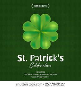 Saint Patricks celebration card with quatrefoil. Vector illustration on dark green celtic background. Poster, flyer, party invitation concept
