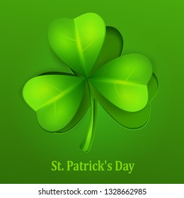Saint Patricks clover leaf or shamrock on green & text. Vector illustration.