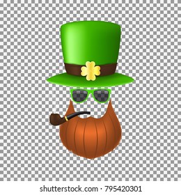 Saint Patrick's Concept Icon. Vector Illustration with Realistic Green Hat, Sun Glasses, Red Beard and Smoking Pipe Isolated on Transparent Backdrop.