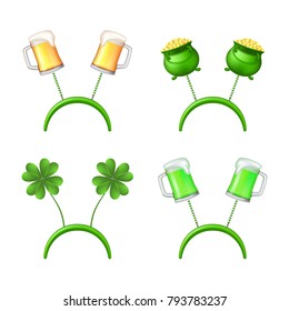 Saint Patrick's Concept Icons Collection. Vector Illustration with Realistic Headbands with Shamrock, Glasses of Beer and with Pot Isolated on White Background.