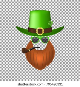 Saint Patrick's Concept Symbol. Vector Illustration with Realistic Green Hat, Sun Glasses, Red Beard and Smoking Pipe Isolated on Transparent Backdrop.