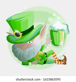 Saint Patricks day. 17 March. Leprechaun with beer, isolated. Vector symbol, watercolor design. Usable for banners, greeting cards, flyers and posters. Typography, colorful logo