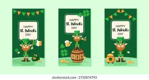 Saint Patricks Day 3 templates for stories collection. Cute leprechaun. Hand drawn vector illustrations. Posters, greeting card and banners for Irish national holiday.