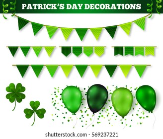 Decoración 3D del Día de San Patricio aislada en blanco. Ilustración vectorial. Marismas de bandera, globos en colores tradicionales, confetti y serpentina. Tres 
 y cuatro tréboles de hojas.