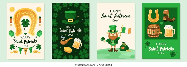 Saint Patricks Day 4 simple greeting card collection. Cute hand drawn vector illustrations. Posters and banners for the Irish national holiday.