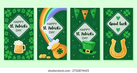 Saint Patricks Day 4 templates for stories collection. Cute hand drawn vector illustrations. Posters, greeting card and banners for Irish national holiday.